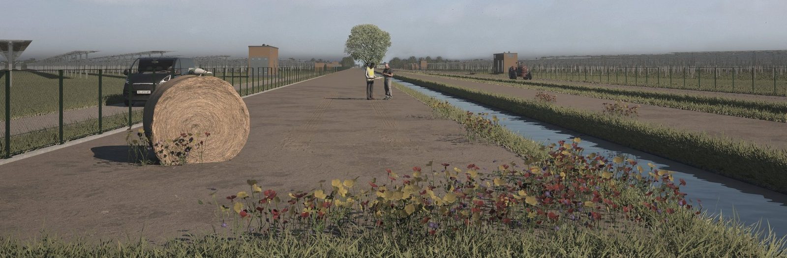 Impianto agrivoltaico con canale e colture